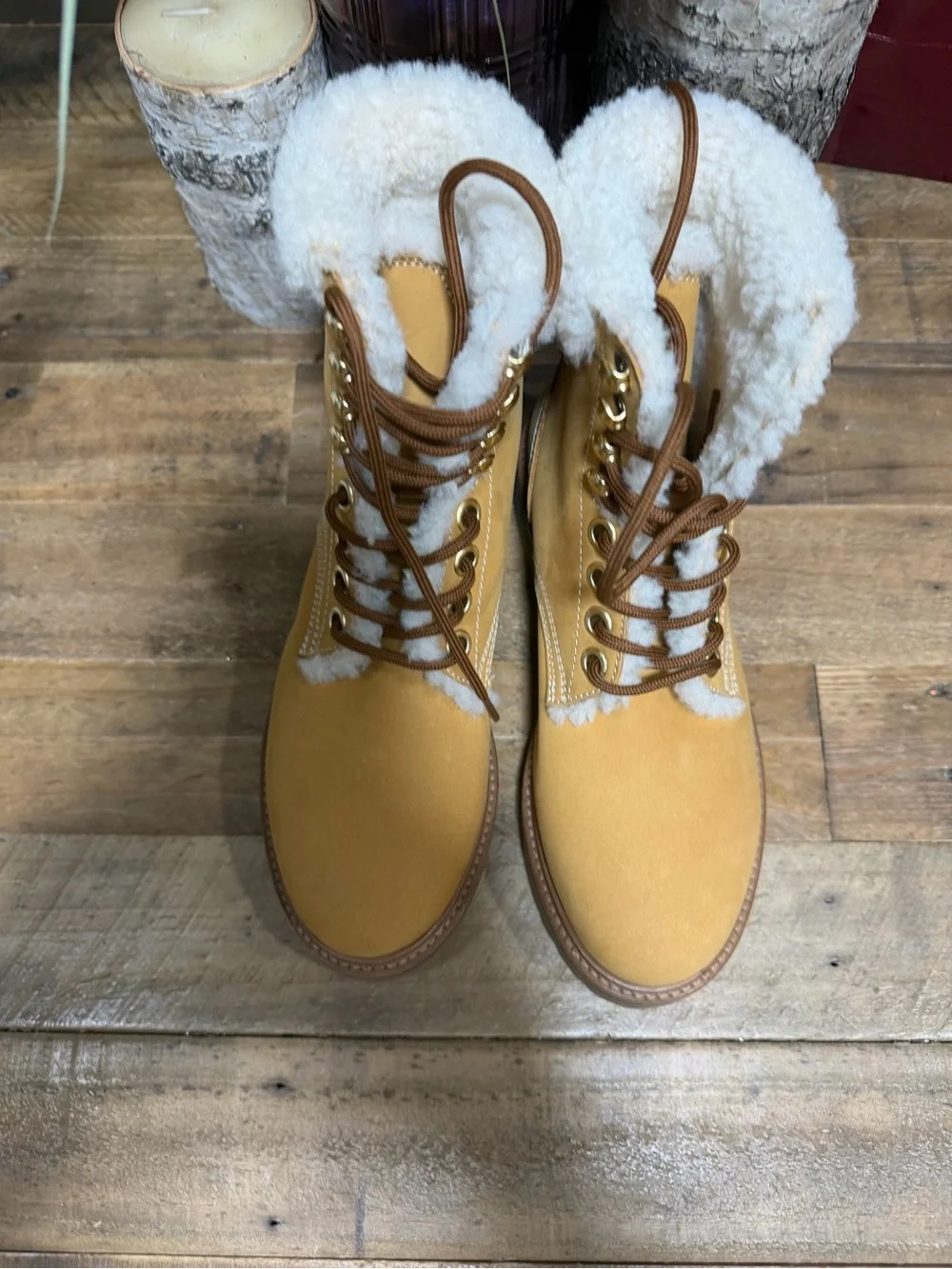 Celine Tan Shearling-Trim Lace-Up Winter Boots